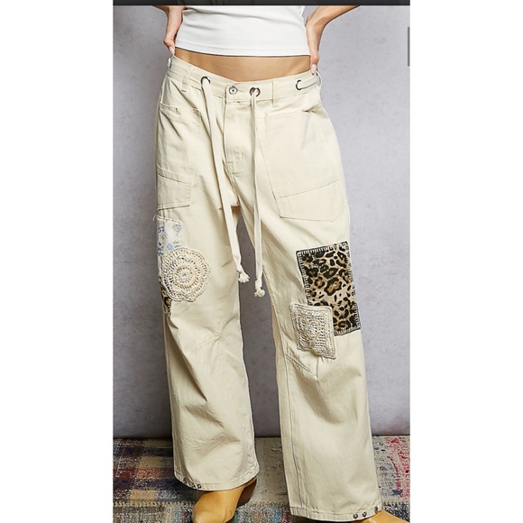 POL Pants - POL Cream Twill Pants with Patchwork